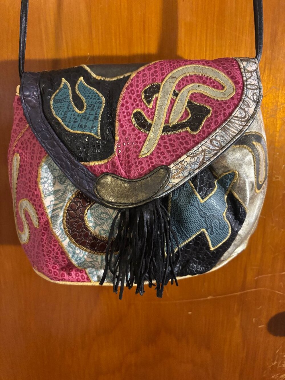Vintage NAS BAG Patchwork Leather Crossbody Bag Fringe Tassel Retro Made in Kore